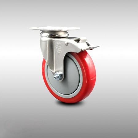 Service Caster 5 Inch 316SS Red Polyurethane Swivel Top Plate Caster with Total Lock Brake SCC-SS316TTL20S514-PPUB-RED